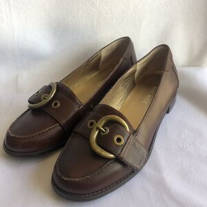 Nine West Slip-On Women's Brown Leather Loafers w/ Brass Buckle, Size 7M